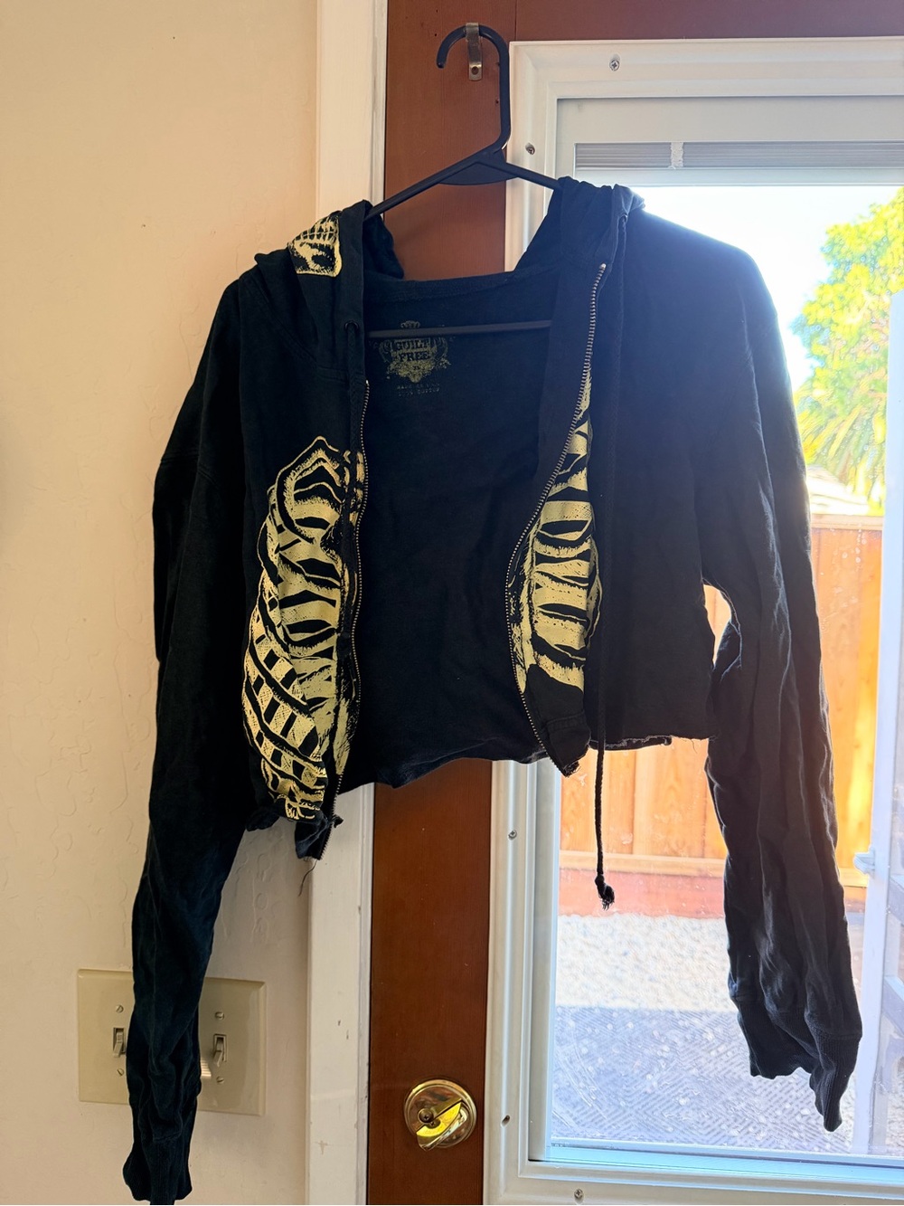 Cropped Black Bomber Jacket with Glow in the Dark Bone Print